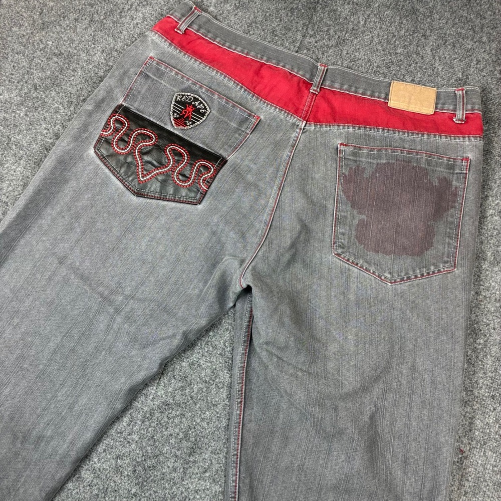 Red Ape Mens Baggy Grey Denim Jeans Y2K Streetwear Red Contrast Stitch Size 46